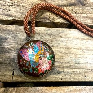 Cloisonne Enamel Round Double Sided Butterfly Pendant Necklace